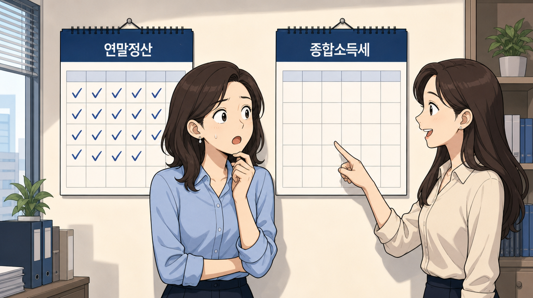 연말정산과 종합소득세 신고가 서로 다른 절차임을 설명하는 인포그래픽