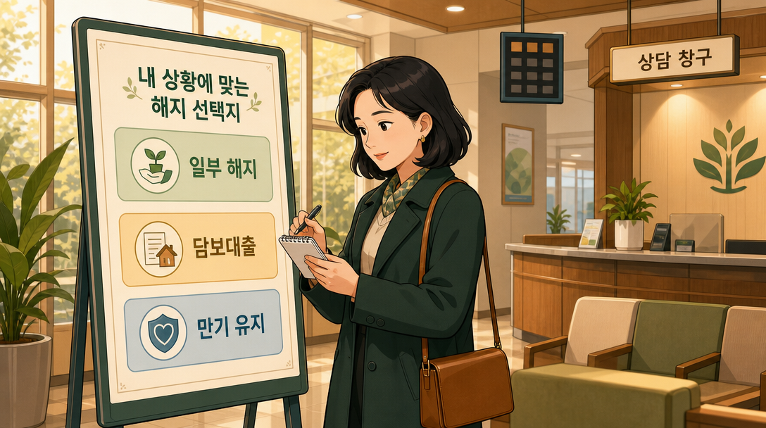 정기예금 중도해지 대신 선택할 수 있는 방법을 안내하는 은행 로비 일러스트