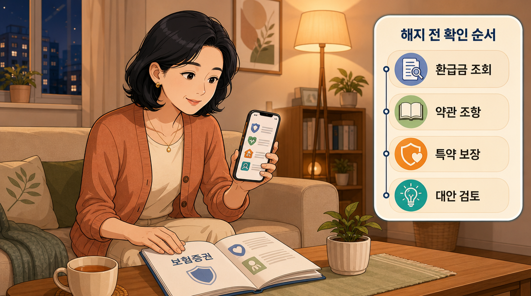 종신보험 해지환급금 확인 순서를 점검하는 여성의 거실 장면 일러스트