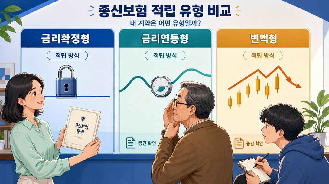 종신보험 해지환급금에 영향을 주는 금리확정형 금리연동형 변액형 비교 인포그래픽