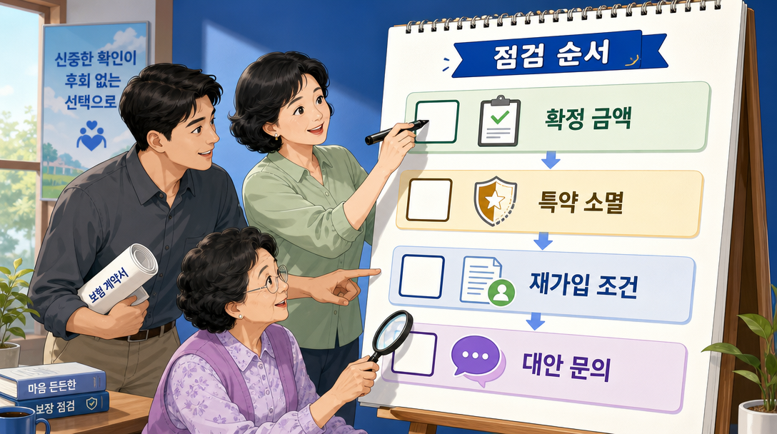 종신보험 해지환급금 확인 전 점검 항목을 단계로 보여주는 체크리스트 인포그래픽