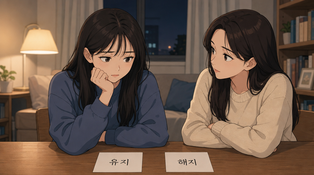 계좌를 유지할지 해지할지 고민하는 청년을 그린 청년도약계좌 가입 조건 안내 인포그래픽