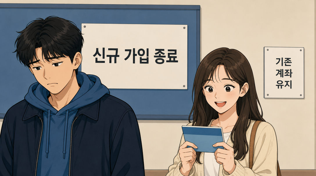 은행 안내판 앞에서 신규 가입 종료를 확인하는 청년들을 그린 청년도약계좌 가입 조건 안내 인포그래픽